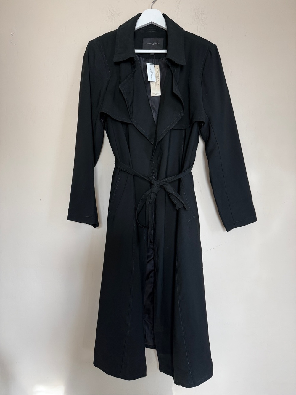 Banana Republic Classic Black Soft Trench Coat Tie Belt Women's Petite Large - Picture 3 of 8
